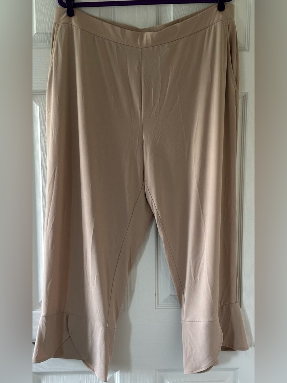 Susan Graver Liquid Knit Taupe Tulip Hem Crop Pants